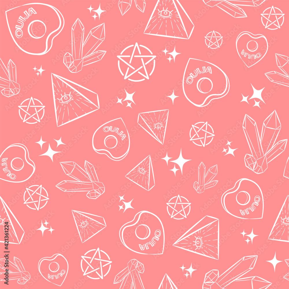 Pink occult seamless pattern with witch objects. Repetitive New Age
