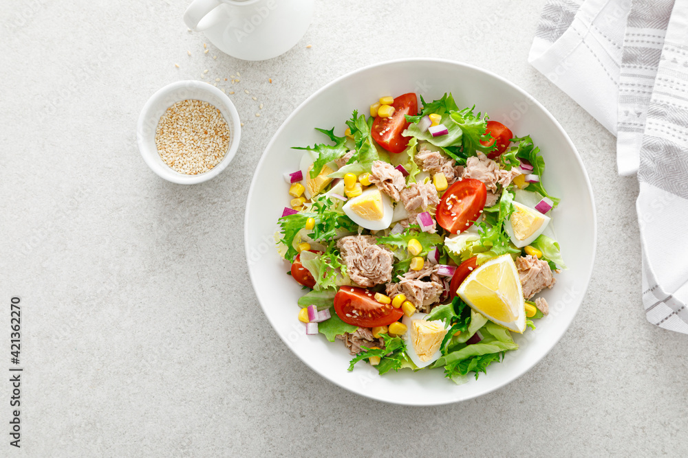 Tuna salad with boiled egg, tomato, lettuce, corn and red onion. Healthy and detox food concept. Ketogenic diet. Fresh vegetable salad bowl on white background. Top view Tuna salad with boiled egg, tomato, lettuce, corn and red onion. Healthy and detox food concept. Ketogenic diet. Fresh vegetable salad bowl on white background. Top view