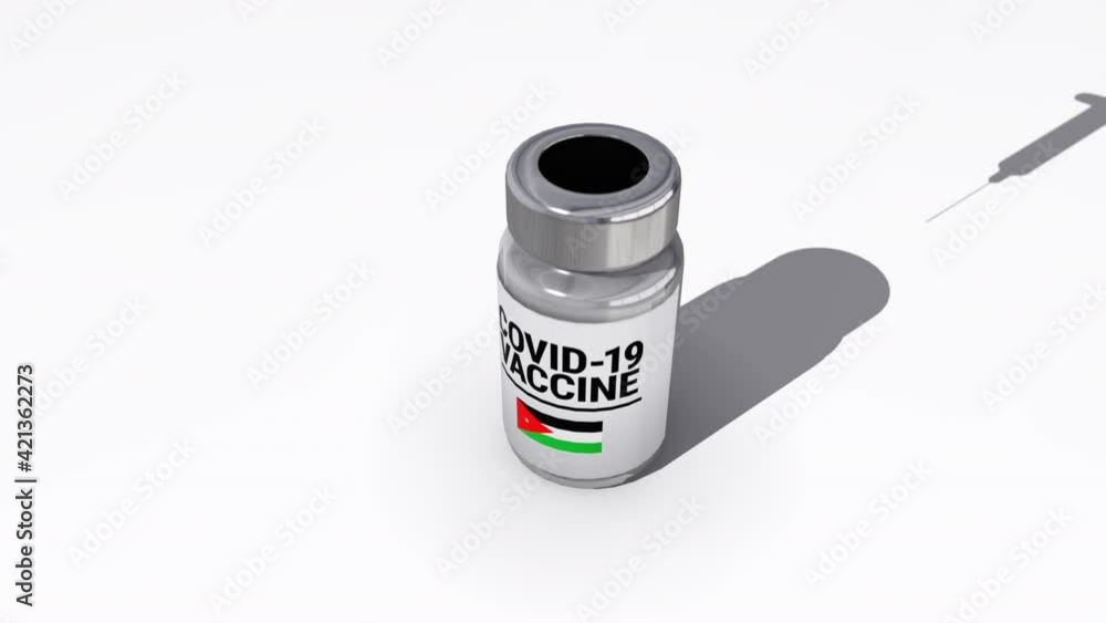 Seamless looping 3D animation of the covid-19 vaccine injection of a bottle with the flag of Jordan in 4K resolution Seamless looping 3D animation of the covid-19 vaccine injection of a bottle with the flag of Jordan in 4K resolution