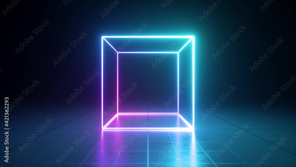 3d cube with bright neon glow changes colors, cycled animation