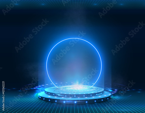 Portal and hologram futuristic Neon color circle elements. Standard podium or studio futuristic pedestal round platform showroom. Magic circle teleport stand. Cyberpunk style Technology demonstration