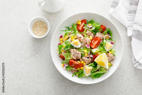 Tuna salad with boiled egg, tomato, lettuce, corn and red onion. Healthy and detox food concept. Ketogenic diet. Fresh vegetable salad bowl on white background. Top view