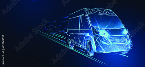 Large van. Abstract vector 3d Large delivery van. Isolated on blue. Transportation vehicle, delivery transport, cargo logistic concept. Freight shipping, international delivering industry. Concept in 