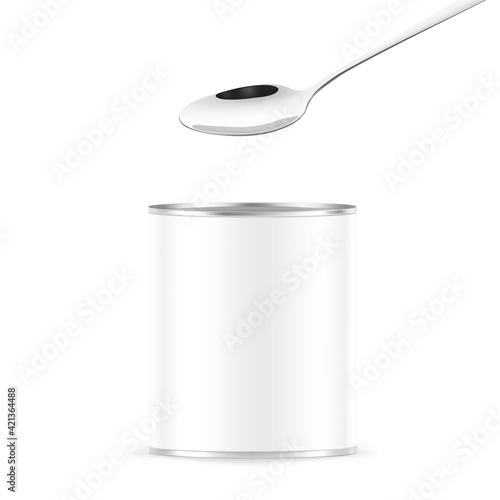 Hight realistic can with spoon mockup. Vector illustration isolated on white background. Easy to use for presentation your product, idea, design. EPS10.	