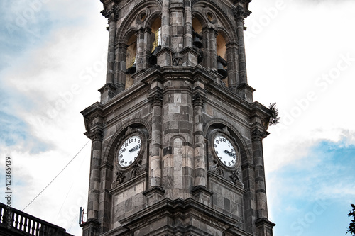 Clock tower, temple of Sanctuary Señor del Hospital, Salamanca Guanajuato Historic Center. Architecture concept. photo