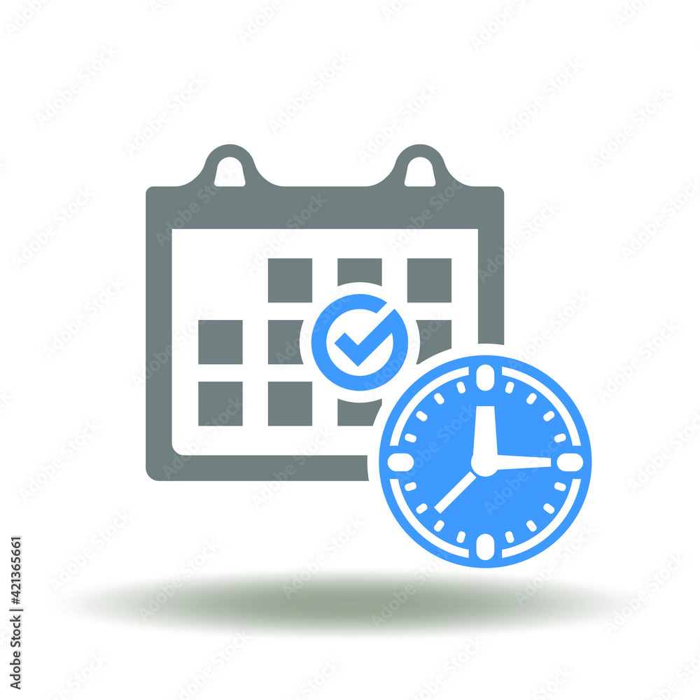 Calendar with check mark and clock vector icon. Appointment event date symbol. Events management illustration. Calendar with check mark and clock vector icon. Appointment event date symbol. Events management illustration.