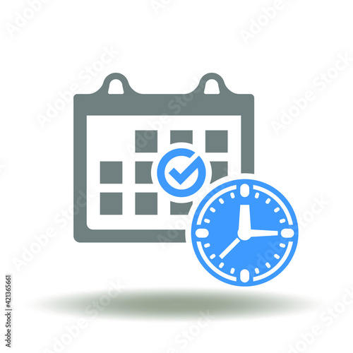 Calendar with check mark and clock vector icon. Appointment event date symbol. Events management illustration.