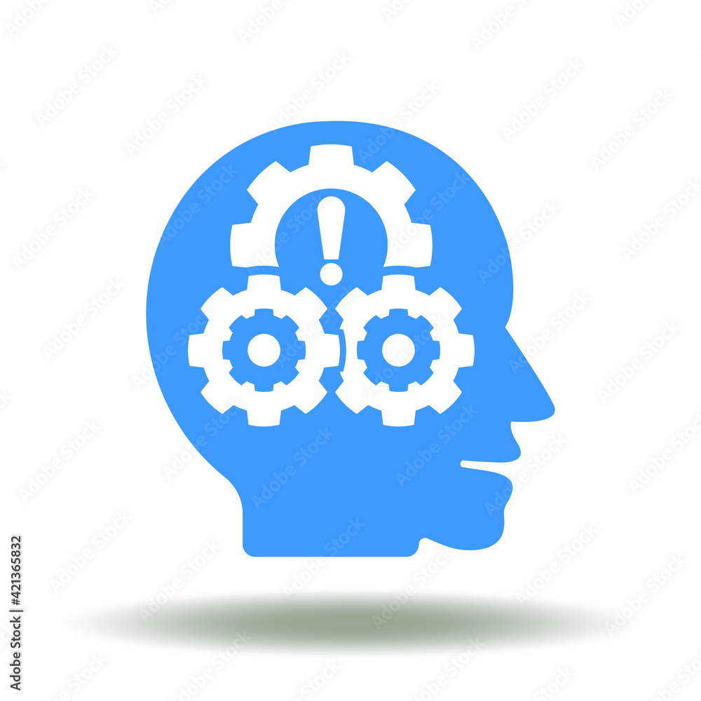 Head with gear mechanism and exclamation mark vector icon. Soft skills management symbol. Head with gear mechanism and exclamation mark vector icon. Soft skills management symbol.
