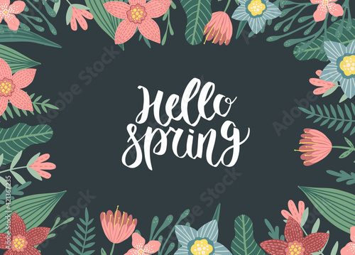 Vector abstract spring background with copy space for text. Templates for event invitations, greeting cards. Flower designs in flat style.