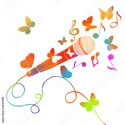 Multicolored microphone with butterflies and notes. Cartoon vector icon isolated on white background mic. Vector illustration