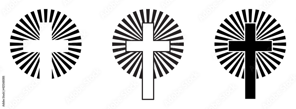 Christian cross with sun rays. Abstract cross icon. Vector church logo