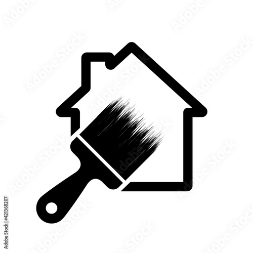 Repair house icon. Black house icon with brush symbol. Vector illustration.