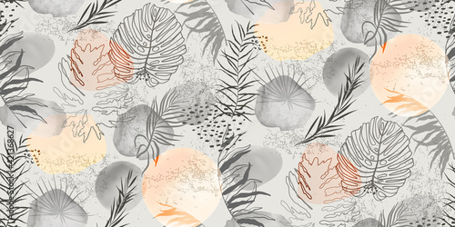 Beautiful seamless vector floral pattern background with palm tropical leaves and abstract forms. Abstract geometric texture. Perfect for wallpapers, web page backgrounds, surface textures, textile