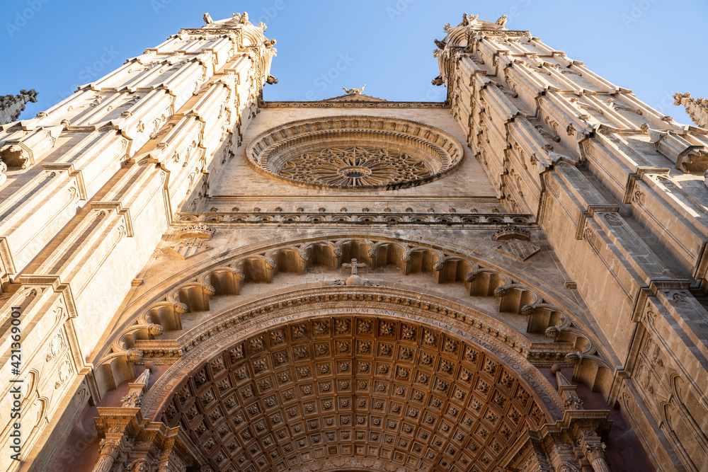 Beautiful view of the entrance of the cathedral Basilica de Santa Maria in Palma de Mallorca, Spain