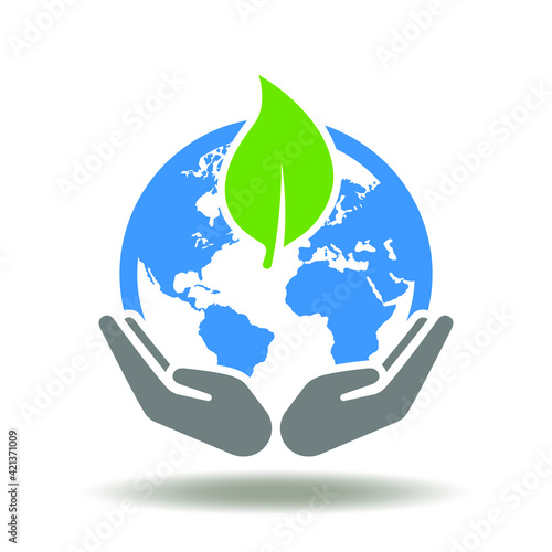 Hands care and hold blue earth planet with green leaf vector icon. ESG conceptual symbol as environmental and social governance.