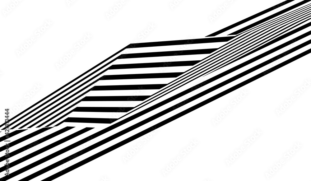 Abstract black and white stripes bent ribbon geometrical shape isolated on white background Abstract black and white stripes bent ribbon geometrical shape isolated on white background