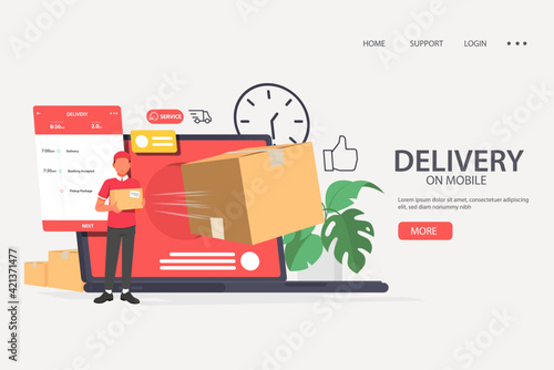 Delivery truck. Man sending delivery package with van, delivery service concept on laptop.