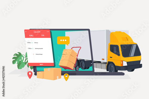 Online delivery service and tracking app concept, online yellow delivery, Delivery home and office. Warehouse, truck, forklift, on laptop. Vector illustration
