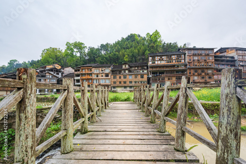 Wooden bridge in Dongzhai Village  Zhaoxing  Guizhou  China