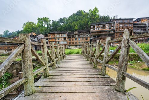 Wooden bridge in Dongzhai Village  Zhaoxing  Guizhou  China