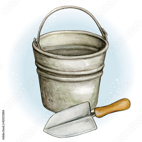 watercolor tin bucket and shovel