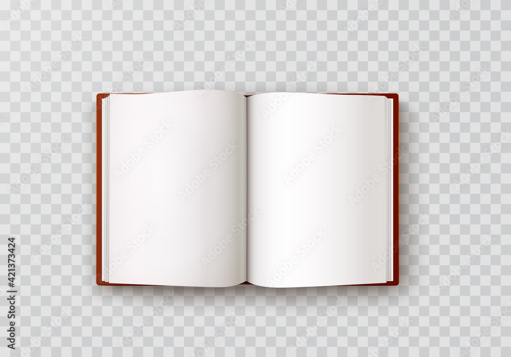 Book, diary or notebook mockup with white paper blank pages isolated on transparent background. Vector 3d sketch empty album and brown leather hardcover template Book, diary or notebook mockup with white paper blank pages isolated on transparent background. Vector 3d sketch empty album and brown leather hardcover template
