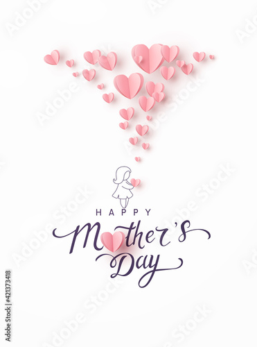 Mother's day greeting card. Vector banner with girl and flying pink paper hearts. Symbols of love on white background
