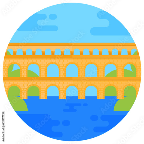 
Ancient roman aqueduct bridge icon in flat design 

