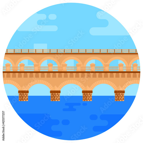 
Ancient roman aqueduct bridge icon in flat design 

