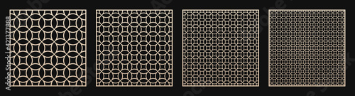 Laser cut panel set. Vector templates with geometric pattern in Oriental style, circular grid, mesh, lattice. Decorative stencil for laser cutting of wood, metal, plastic, acrylic. Aspect ratio 1:1