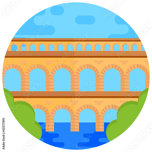 
An aqueduct bridge, pont du gard flat rounded icon 


