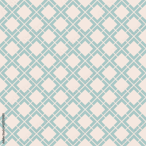 Vector geometric seamless pattern. Abstract vintage texture with big diamond shapes, rhombuses, squares, grid, lattice, grill, net. Stylish minimal background. Aqua green and beige colored design