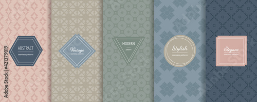 Vector seamless patterns collection. Set of abstract geometric textures in trendy pastel colors, powdery, green, blue. Elegant modern minimal labels. Design template for decor, print, banner, ads
