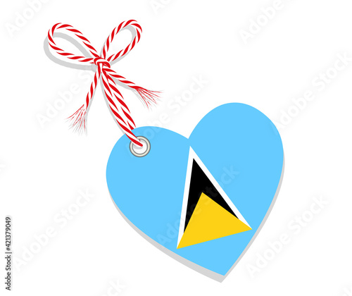 Fahne als Herz  „I Love St. Lucia“ mit Kordel-Schleife,
Vektor Illustration isoliert auf weißem Hintergrund
