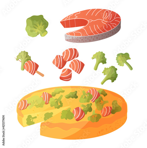 Broccoli and salmon pie, broccoli and red fish casserole, salmon steak, broccoli and red fish on the grill, red fish slices. Vector illustration in cartoon style