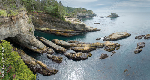 USA, Washington State. Rugged Cape Flattery, the most northwesterly tip of the contiguous USA, as viewed from the Makah tribe trail overlook. photo