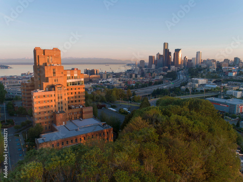 Sunrise view on Seattle, Elliott Bay and the Olympic Mountains as seen from Beacon Hill, Seattle, Washington State.