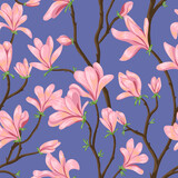 Blooming magnolia branches seamless pattern. Hand drawn vector illustration. Spring season botanical background. Colored vintage ornament. Design for fabric, textile, wallpaper, print, decor, wrap.