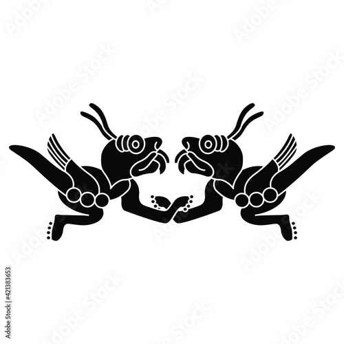 Symmetrical design with two flying monster locusts. Native American art of Aztec Indians. Animal pre Columbian mythological design from Mexican codex. Black and white silhouette.