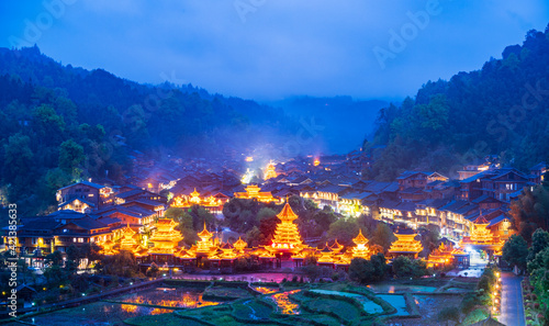 Night view of Dong Village in Zhaoxing, Guizhou, China