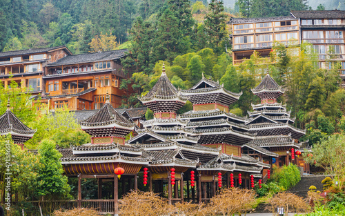 The gate pavilion of the Dong Village in Zhaoxing, Guizhou, China photo