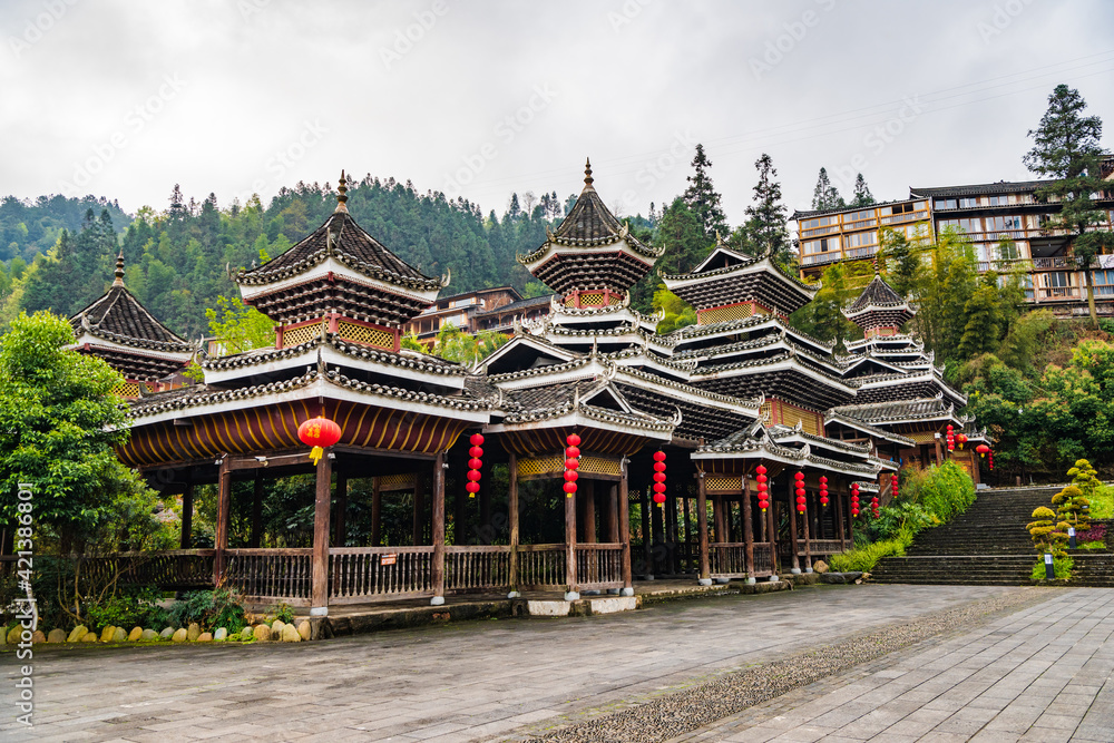 The gate pavilion of the Dong Village in Zhaoxing, Guizhou, China