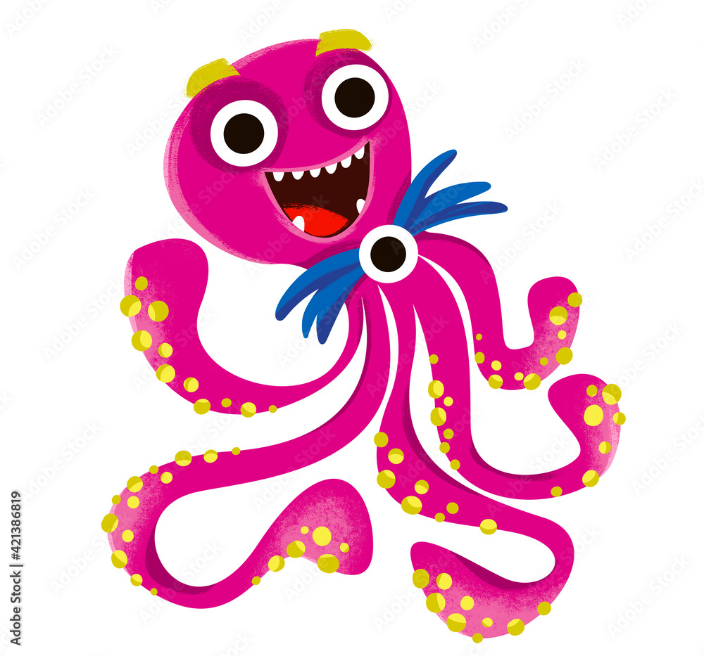 Obraz premium Alien pink clipart. A monster with tentacles in the form of an octopus. The bow tie. Poster for the nursery. Halloween, space, aliens. Cute illustration in cartoon childish style. The image is isolate
