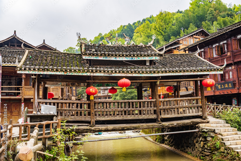 Fengyu Bridge and Drum Tower in the Dong Village, Zhaoxing, Guizhou, China