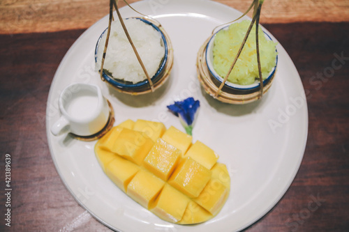 Fototapeta Naklejka Na Ścianę i Meble -  Mango with sticky rice and coconut milk , Tropical fruit. Thai dessert. Dessert fruit.
