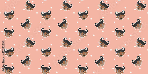 Cute childish seamless pattern of cartoon African buffalo heads with protruding tongues and rosy cheeks on pink background. Repeating funny muzzles for printing on children's clothing, textile. Vector