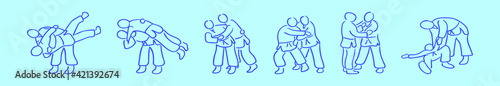 set of jiujitsu sports cartoon icon design template with various models. vector illustration isolated on blue background