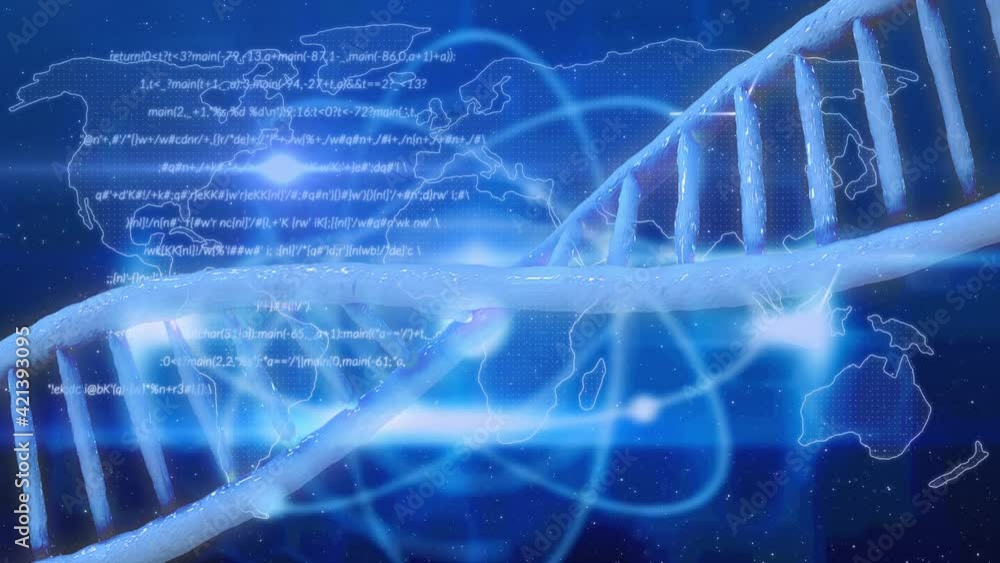 Animation of dna strand and medical data processing over blue background Animation of dna strand and medical data processing over blue background
