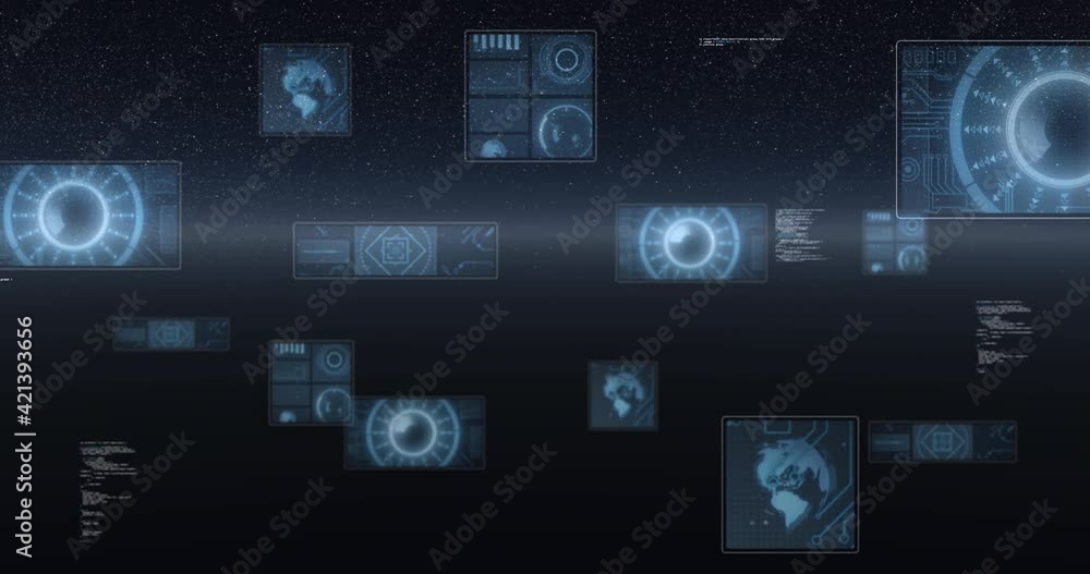 Animation of scope scanning, statistics recording, globe spinning and data processing on screens Animation of scope scanning, statistics recording, globe spinning and data processing on screens