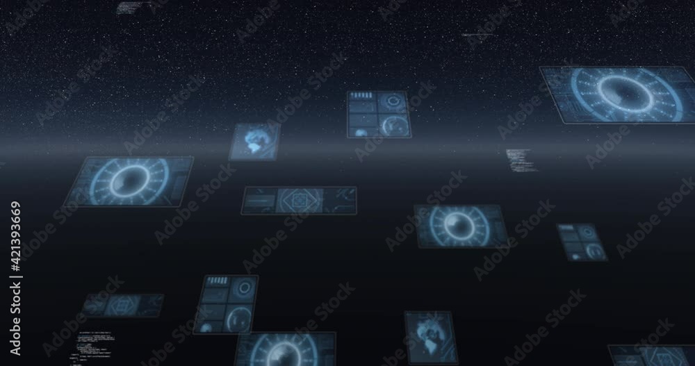 Animation of scope scanning, statistics recording, globe spinning and data processing on screens Animation of scope scanning, statistics recording, globe spinning and data processing on screens